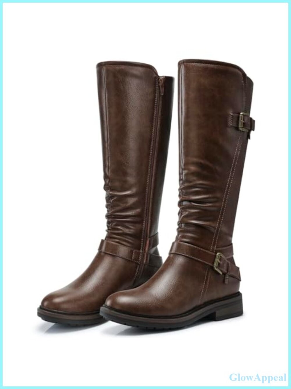 Women's Knee High Boots Low Heel Faux Leather Round Toe Tall Boots Comfortable